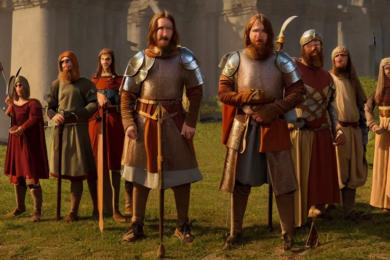 Prompt: A group of medieval high fantasy adventurers lined up for a portrait, Screenshot of Wes Anderson's New RPG Movie, Photo realistic, Regal, Formal, Symmetrical, Satisfying, Dynamic lighting, Highly Detailed, Cinematic Lighting, 8k, HD