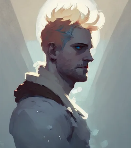 Image similar to portrait of cullen from dragon age by atey ghailan, by greg rutkowski, by greg tocchini, by james gilleard, by joe fenton, by kaethe butcher, dynamic lighting, gradient light blue, brown, blonde cream and white color scheme, grunge aesthetic