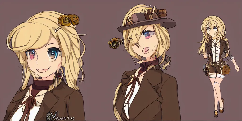 Prompt: visual novel character sprite of a blonde haired steampunk detective girl, 2 d,