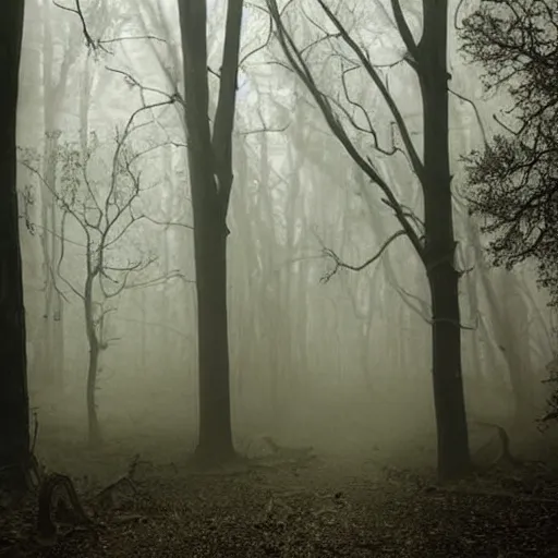 Prompt: i am looking for a horror image that includes a dark, foreboding forest with twisted, gnarled trees. there should be a foggy, ethereal quality to the image, and the light should be dim and eerie. i would like the image to include at least one figure, who should be shrouded in darkness.