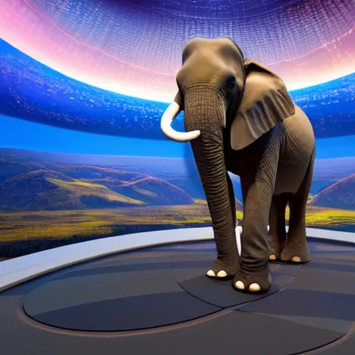 Image similar to a hyperrealistic 3D octane render of an elephant wearing oculus rift VR headset and playing a keyboard inside of a dome planetarium, 8k, unreal engine, dramatic lighting, volumetric lighting, uplighting, ray tracing, photorealistic,