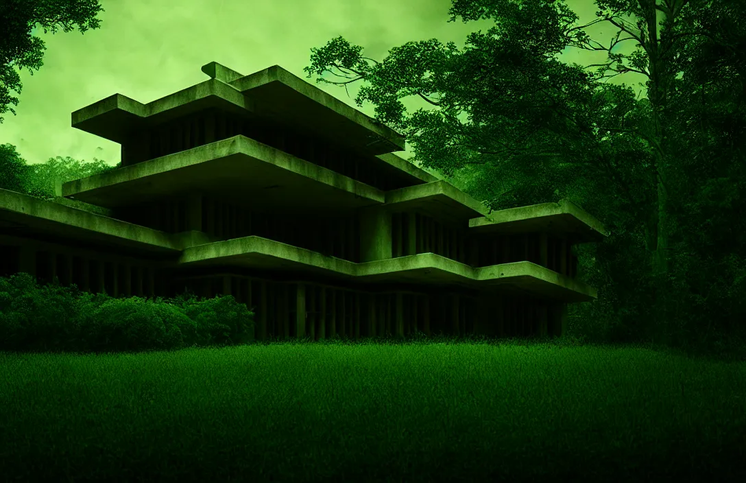 Image similar to emerging from lush greenery intact flawless ambrotype from 4 k criterion collection remastered cinematography gory horror film, ominous lighting, evil theme wow photo realistic postprocessing render by gregory crewdson divisionism building by frank lloyd wright