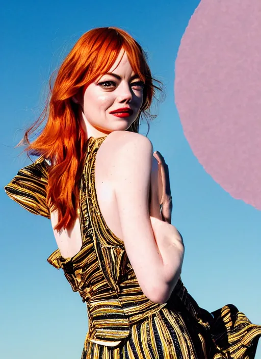 Prompt: beautiful Emma Stone wearing a vintage Raypunk outfit, accurate anatomy, abstract sun in background, shiny soft skin, soft lighting, sharp details, warm colors, full body portrait, 35 mm film, subsurface scattering, lens flare