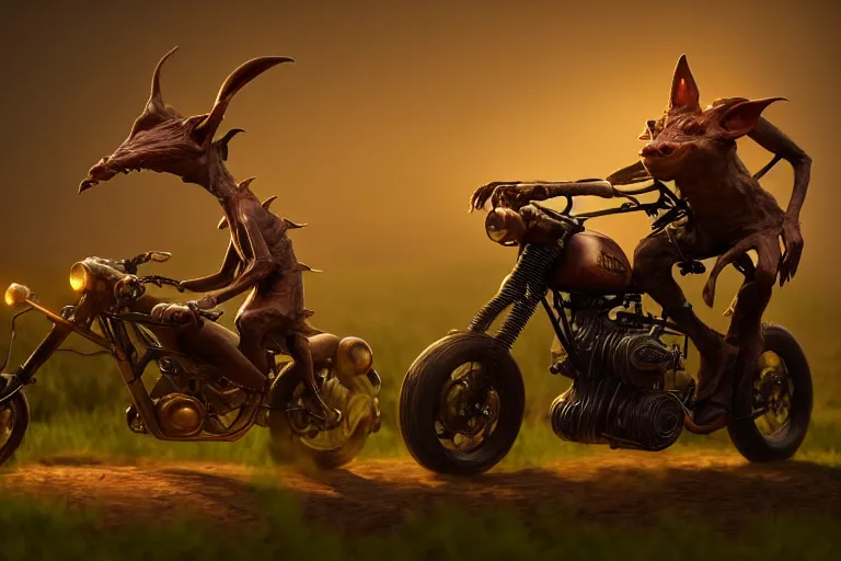 Image similar to a goblin riding a steampunk motorcycle on a dirt road in a meadow, volumetric light, studio lighting, hyperdetailed, artstation, cgsociety, 8k