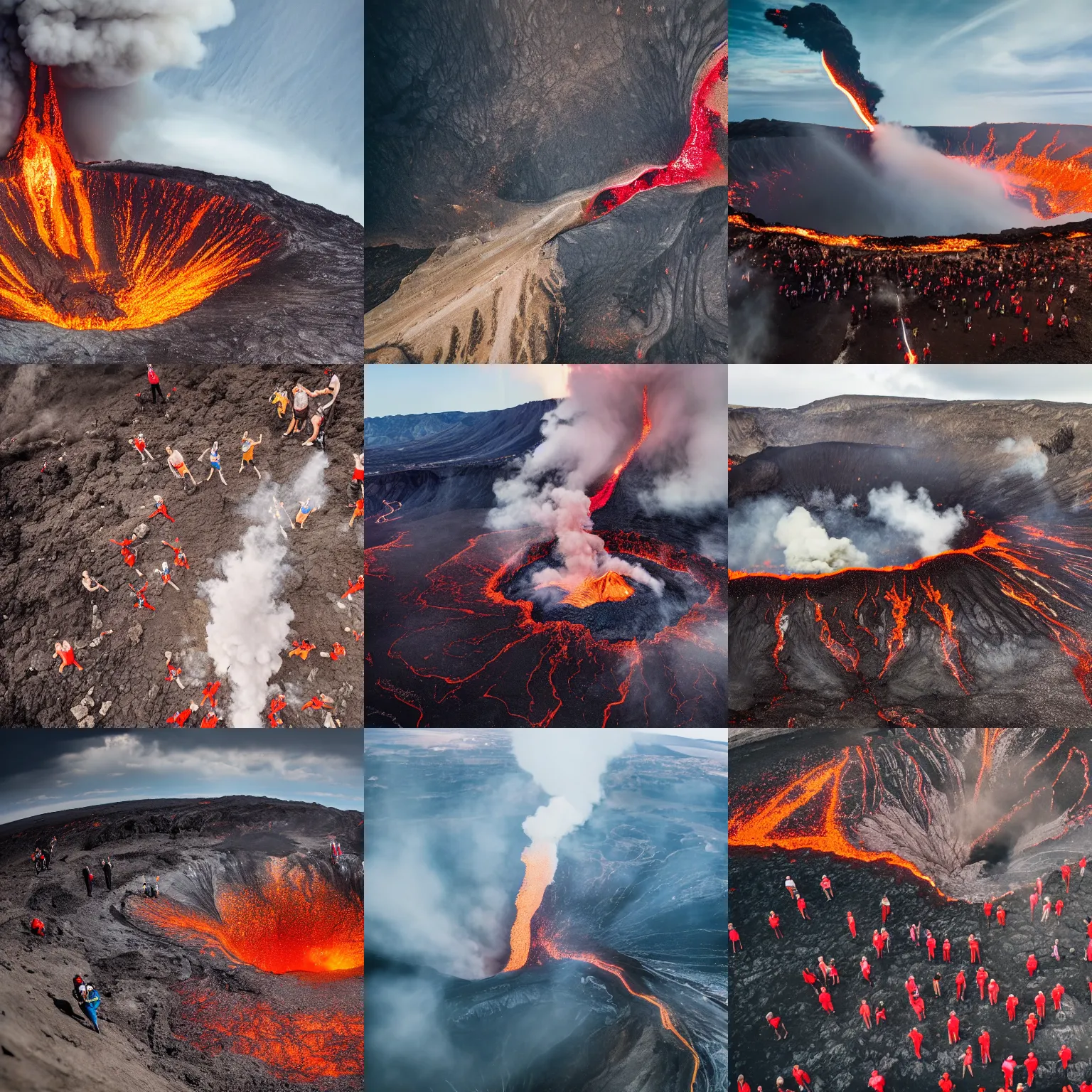 Prompt: many people lining up to jump off into a erupting volcano, photography, 4 k, journalism, aerial view, cinematic lighting