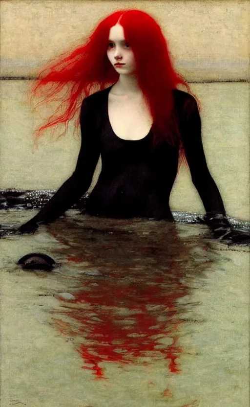 Prompt: portrait of girls with long red hair in black dress, under red water, very beautiful style, girl wrapped in black leather, photorealism, edgard maxence,