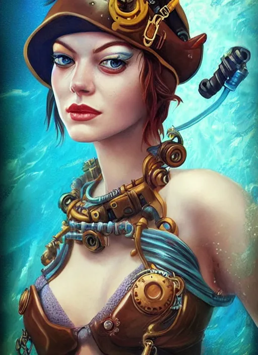 Image similar to lofi underwater steampunk pirate portrait of emma stone, pixar style, by tristan eaton stanley artgerm and tom bagshaw.