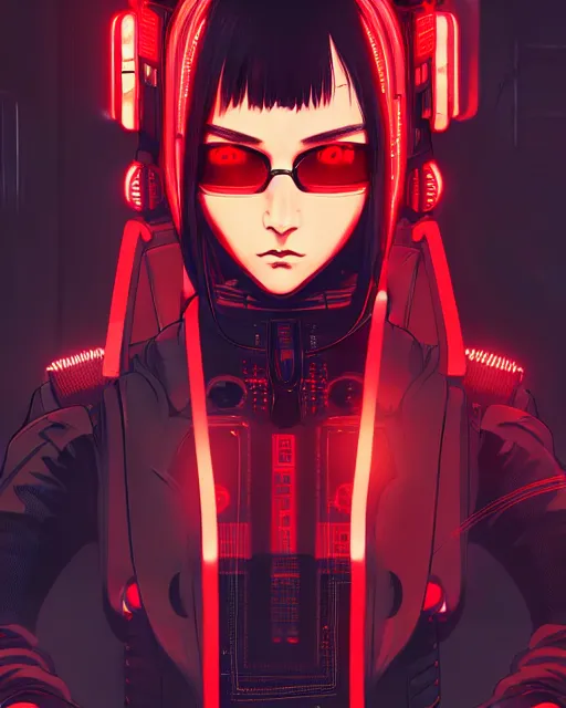 Image similar to a comic potrait of a cyberpunk cyborg girl with black and red parts, fine - face, realistic shaded perfect face, fine details. night setting. very anime style. realistic shaded lighting poster by ilya kuvshinov katsuhiro, unreal engine, global illumination, radiant light, detailed and intricate environment