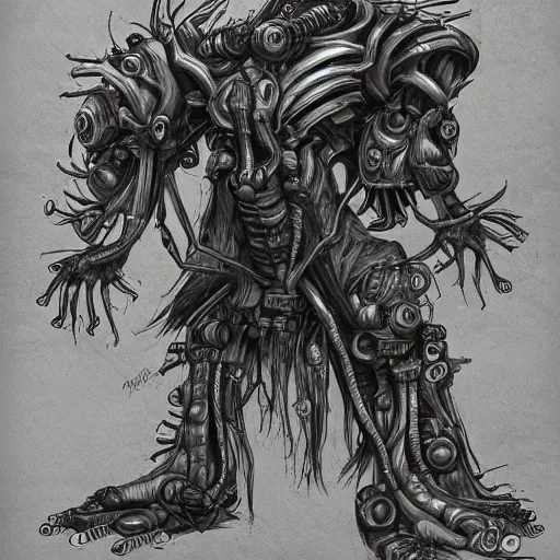 Image similar to disgusting repugnant pestilent bio - mechanical abomination in the style of keith thompson, lineart, character concept