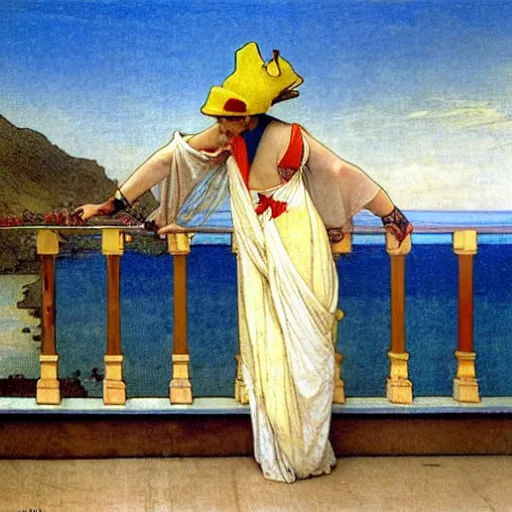 Image similar to A girl with jester hat and clothes on the front of a Balustrade with a beach on the background, major arcana clothes, by paul delaroche, alphonse mucha and arnold böcklin arnold böcklin hyperrealistic 8k, very detailed