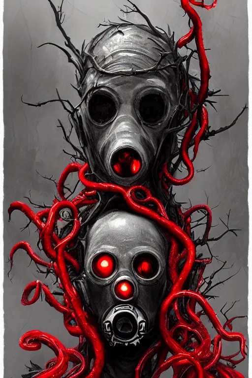 Image similar to realistic portrait beautiful detailed matte painting of cinematic movie scene a full body zombie with a gas mask, tentacles, black and red, thorns, vines, horror, created by gustave dore and greg rutkowski, high detailed, smooth draw, synthwave neon retro, intricate, realistic proportions, dramatic lighting, trending on artstation.