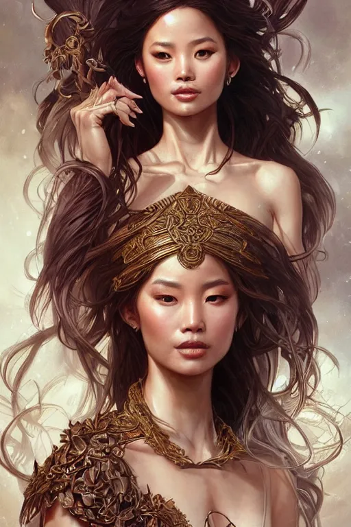 Prompt: ultra realistic illustration, a stunningly beautiful greek goddess of chaos played by jamie chung, intricate, elegant, highly detailed, digital painting, artstation, concept art, smooth, sharp focus, illustration, art by artgerm and greg rutkowski and alphonse mucha