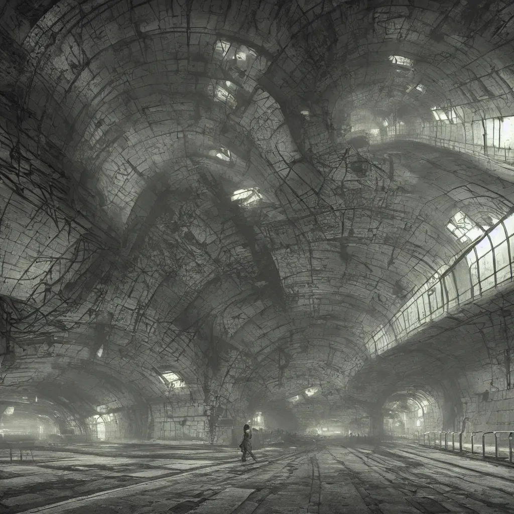 Image similar to underground metro after nuclear war, dieselpunk, atmospheric, industrial, soviet architecture, realistic brutalism in style of dmitry glukhovski