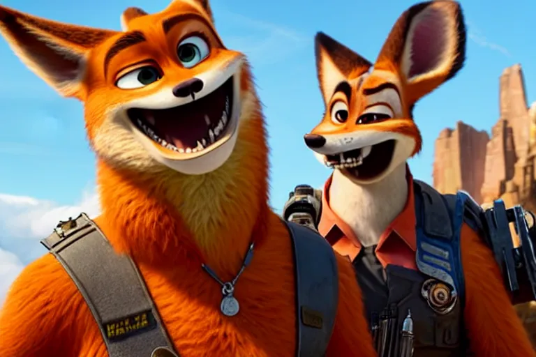 Image similar to nick wilde ( from zootopia ), heavily armed and armored facing down armageddon in a dark and gritty reboot from the makers of mad max : fury road