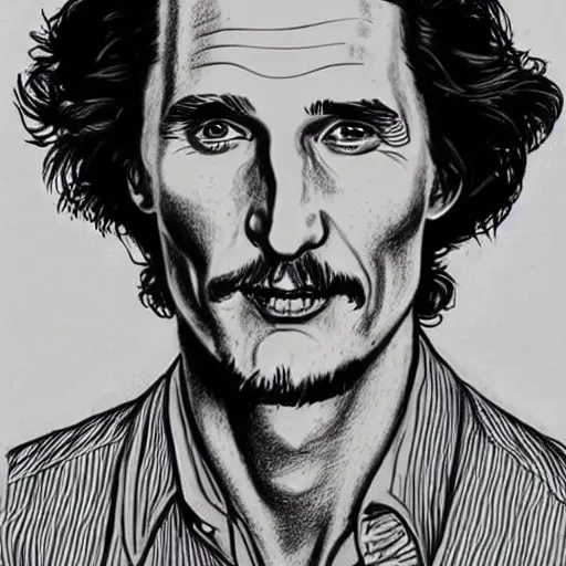 Image similar to a portrait drawing of Mathew McConaughey drawn by Robert Crumb