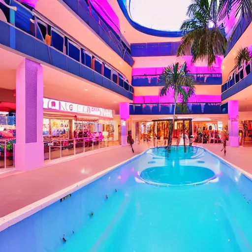 Prompt: an indoor mall with palm trees and pools, pink and blue lighting, everything floats in space