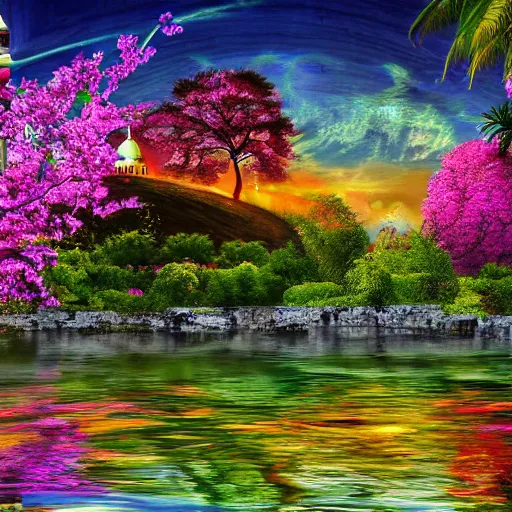 Image similar to muslim and paradise digital art beautiful landscape 4 k quality super realistic
