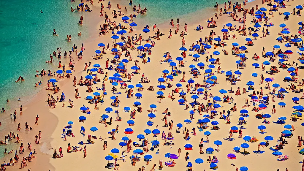 Image similar to photograph beachscapes satellite view imagery, Aerial view of beautiful sandy beach with hundreds of umbrellas and sea, Aerial of a crowded sandy beach with colourful 1970s umbrellas sun bathers and swimmers during summer, golden sand and clear blue sea, by Tommy Clarke and Joshua Jensen-Nagle