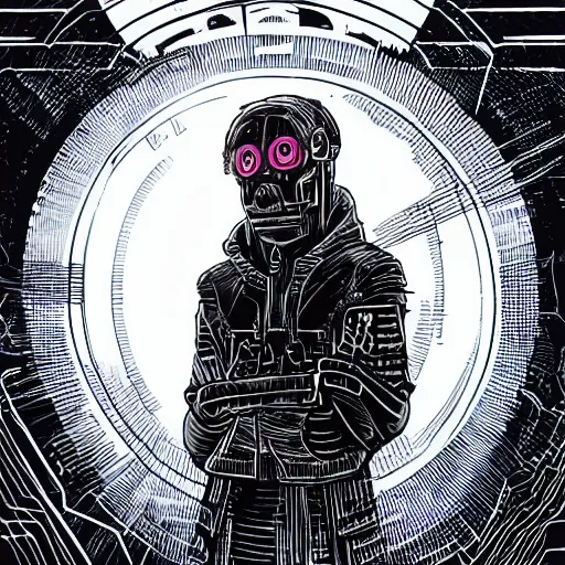 Prompt: in the style of max prentis and deathburger and laurie greasley a young wearing a cyberpunk headpiece who is standing infront of a large circular ancient glowing portal, highly detailed, 8k wallpaper