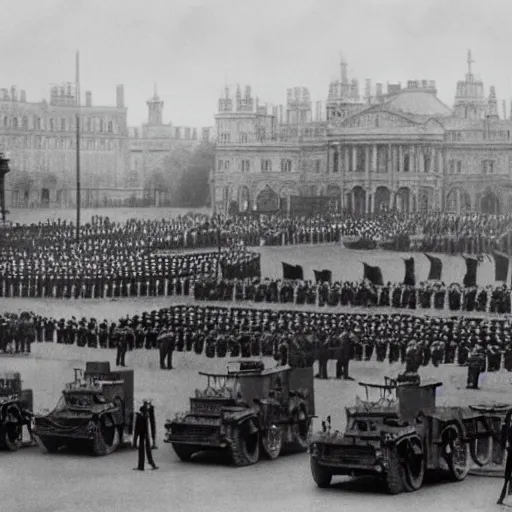 Prompt: queen victoria watching a parade of military vehicles, cloudy day