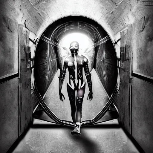 Prompt: humanoid walking through a portal from the past into the future, face piercings, tattoos, noir, photograph,