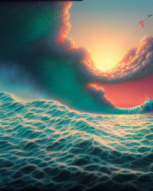 Image similar to big tsunami, shore, sunset, hyper realistic, artstation, illustration, nicoletta ceccoli, mark ryden, lostfish, dan decarlo, bob clampett, max fleischer, digital paint, matte paint, vivid colors, detailed and intricate environment