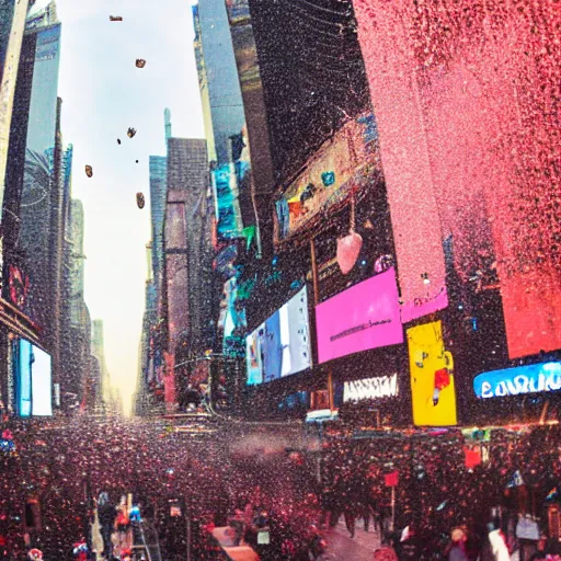 Image similar to an epic highres gopro shot of spaghetti raining down on times square