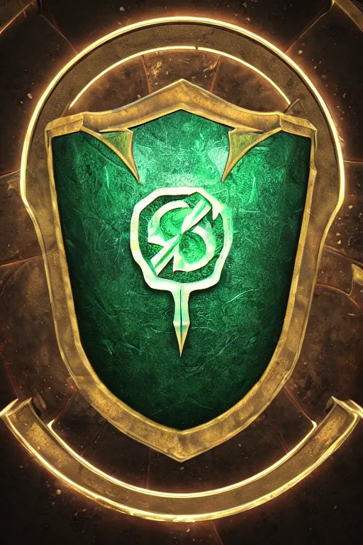 Image similar to green medieval shield, powerful fantasy epic legends, game icon stylized, digital illustration radiating, a glowing aura, global illumination, ray tracing, 8 k high definition, intricate details, octane render, unreal engine, trending on arstation