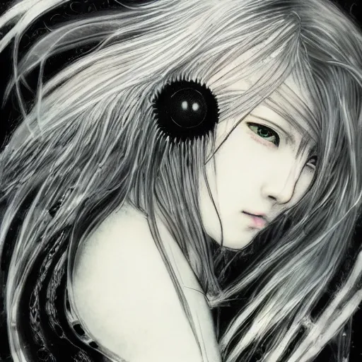 Image similar to yoshitaka amano blurred and dreamy illustration of an anime girl with black eyes, wavy white hair fluttering in the wind wearing elden ring armor and engraving, abstract black and white patterns on the background, noisy film grain effect, highly detailed, renaissance oil painting, weird portrait angle, blurred lost edges, three quarter view