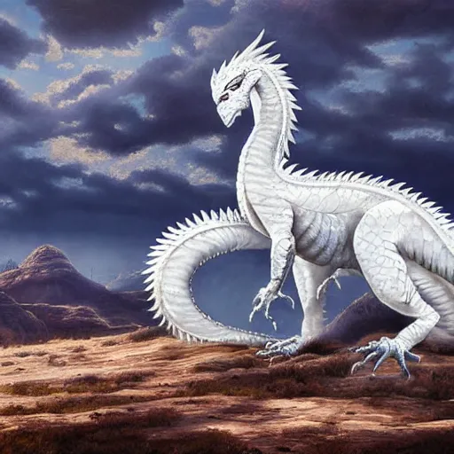 Prompt: a beautiful white dragon on the Altus Plateau, highly detailed painting, painting by Ciruelo, 4k