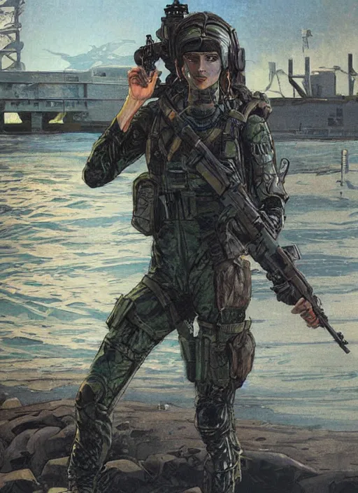 Prompt: Sonya. USN blackops operator emerging from water at the shoreline. Agent wearing Futuristic stealth suit and looking at an abandoned shipyard. rb6s, MGS, and splinter cell Concept art by James Gurney, Alphonso Mucha. Vivid color scheme.