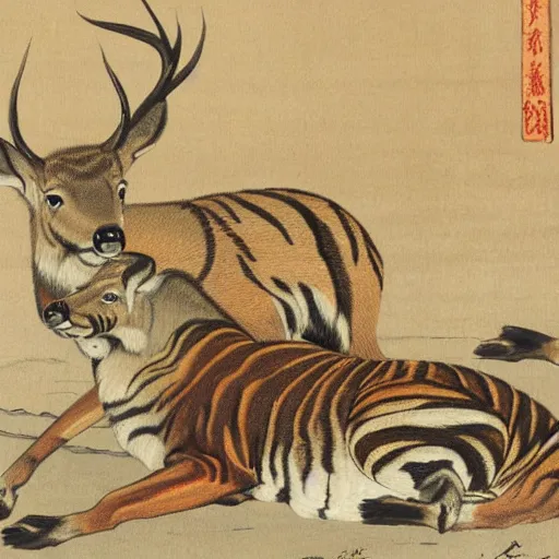 Image similar to a painting of deer in tiger skin and tiger in deer skin facing each other, their heads bowed towards ground by ohara koson