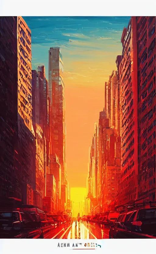 Prompt: a beautiful illustration new york at sunset, art of alena aenami, featured on artstation, vertical orientation, paint brush strokes, expressionism, brushstroke - laden, crimson hue