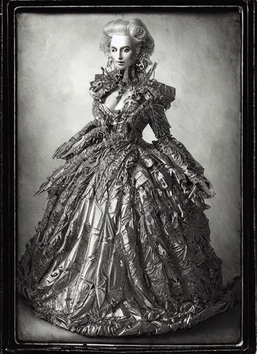 Prompt: old wetplate daguerreotype frame portrait of a futuristic silver armored marie antoinette cyborg, fractal, intricate, elegant, highly detailed, subsurface scattering, by jheronimus bosch and greg rutkowski and louis jacques mande daguerre