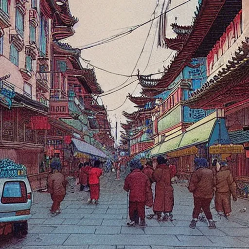 Prompt: a street in chinatown, by moebius