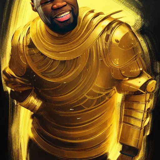 Prompt: 5 0 cent wearing a laughing golden armor, digital illustration by ruan jia on artstation, outlined by whirling illuminated neon lines and fine lines swirling in circles by jesper ejsing and rhads and makoto and shinkai and lois van baarle, digital art, trending on artstation - h 8 3 2