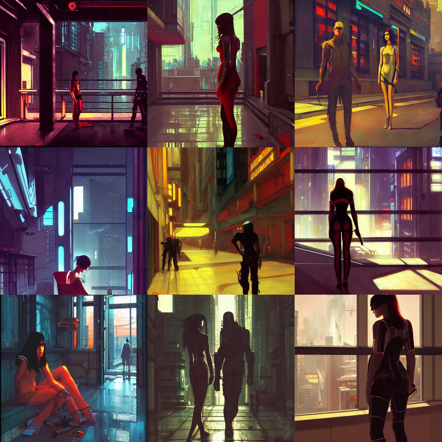 Prompt: A cyberpunk scene painted by John William Waterhouse and Ilya Kuvshinov and Edward Hopper. HD