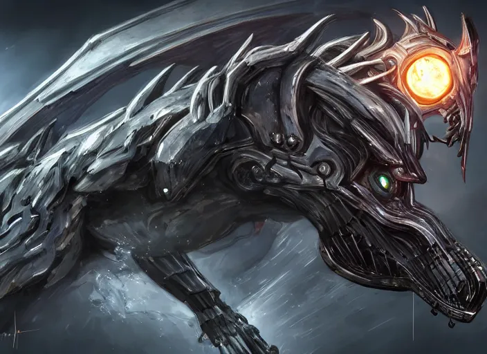 Prompt: cinematic, vore station handsome stunning realistic borg hound, mecha hound, taller than man, sharp armor, metal tail, glass oled visor, sharp metal dragon claws, open synthetic maw, feral body, angular metal, vore art, dragon art, furry art, digital art, warframe hound art, furaffinity, deviantart, sofurry