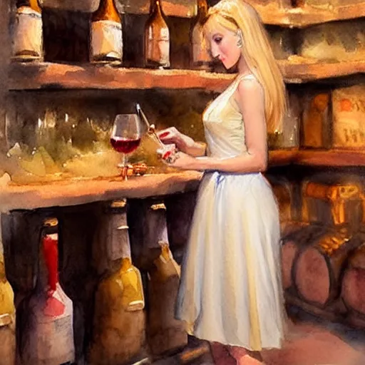 Image similar to beautiful blonde in hot dress in a wine cellar, food, pork, beer, schnapps, rustic, traditional, torches on the wall, watercolor by vladimir volegov, highly detailed, masterpiece