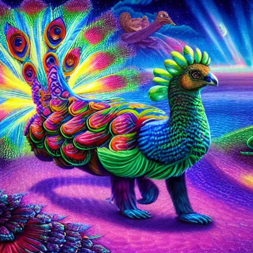 Prompt: bear riding on a giant peacock on a race track, painted by lisa frank, alex grey and tim hildebrandt, volumetric lighting, hyper realism, highly detailed, dmt, lsd, psilocybin, sharp focus, sharp contrast, 8 k