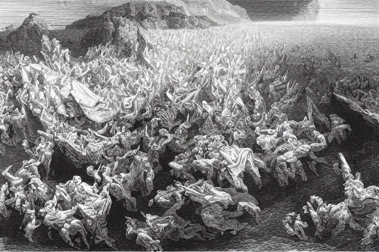 Image similar to aerial view, the biblical crossing of the red sea, Gustave Dore lithography