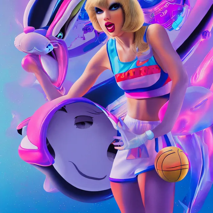 Image similar to portrait of Taylor Swift as Lola Bunny in Space Jam 1996. intricate abstract. intricate artwork. by Tooth Wu, wlop, beeple, dan mumford. octane render, trending on artstation, greg rutkowski very coherent symmetrical artwork. cinematic, hyper realism, high detail, octane render, 8k, iridescent accents