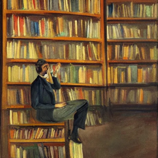 Image similar to a painting of a man in a suit in a city of bookshelves by harriet backer, trending on artstation