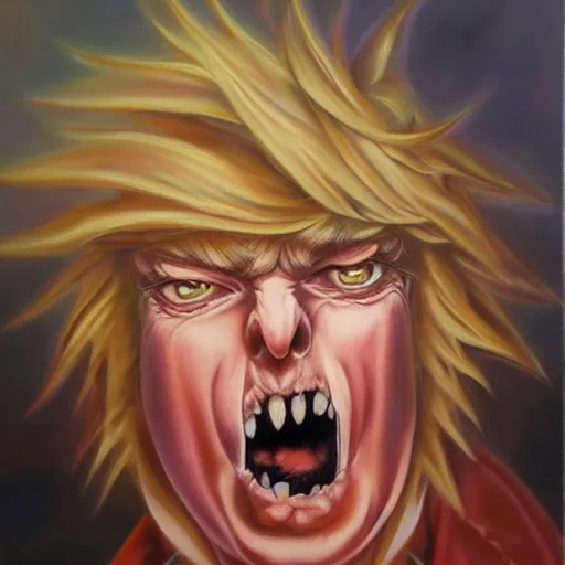 Image similar to detailed portrait of emo donald trump anime death note intricate, hyper detailed, realistic, oil painting, by julie bell, frank frazetta, cinematic lighting