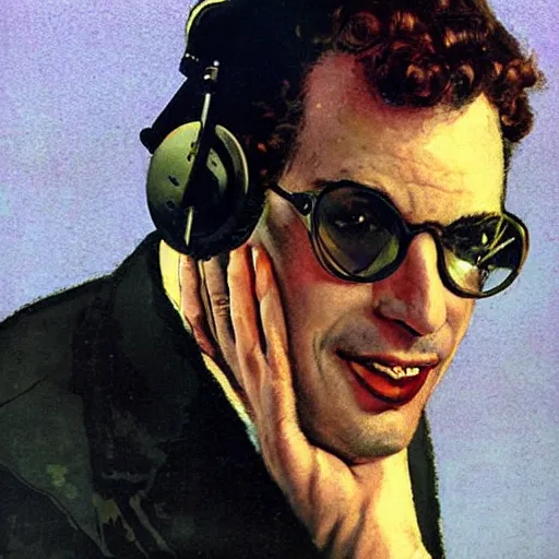 Prompt: “portrait of donald fagen as a 1950s disk jockey, by robert McGinnis”