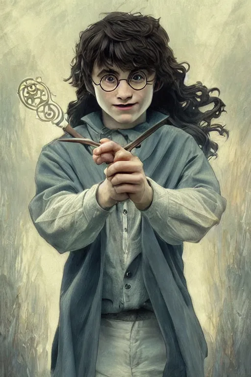 Image similar to beautiful cottagecore young harry potter holding a magicwand. intricate, elegant. highly detailed, digital painting, artstation, concept art, smooth, sharp, focus, illustration. . art by artgerm and greg rutkowski and alphonse mucha