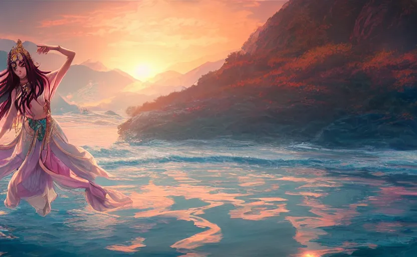 Prompt: Himalayan priestess dancing on water, beautiful flowing fabric, sunset, dramatic angle, realistic and detailed, by studio trigger, pixiv dslr photo by Makoto Shinkai rossdraws and Wojtek Fus