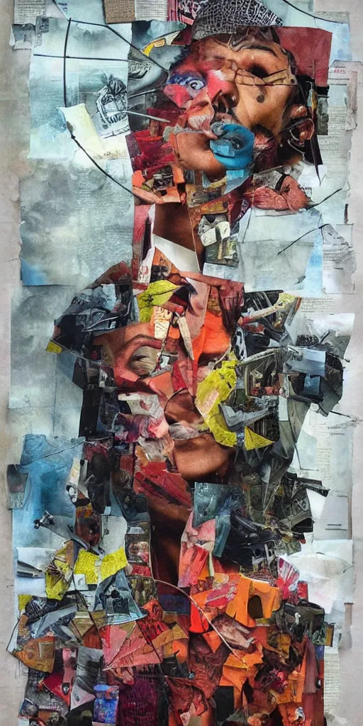 Prompt: collaged!!!!!! obama, vibrant newspaper! and magazine! collage! by dali and hieronymus bosch and beksinski sandra chevrier!!!!!!!, photorealistic, digital painting, cubism, hyper - detailed masterpiece, torn polaroid