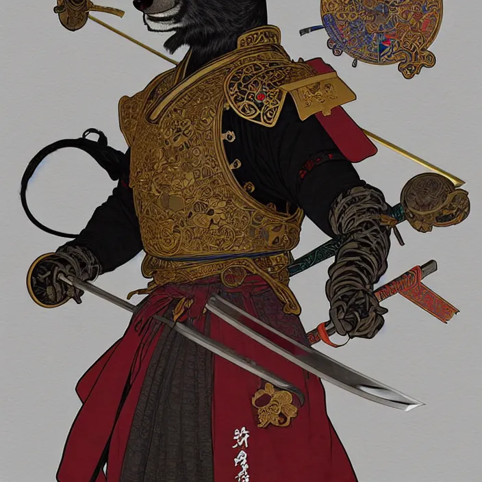 Prompt: anthropomorphic samurai bear cyborg, cyborg bear, sword held in hand, fantasy, intricate, highly detailed, lifelike, photorealistic, digital painting, artstation, illustration, concept art, smooth, sharp focus, art by alphonse mucha and kitagawa utamaro and ogata korin and aya takano