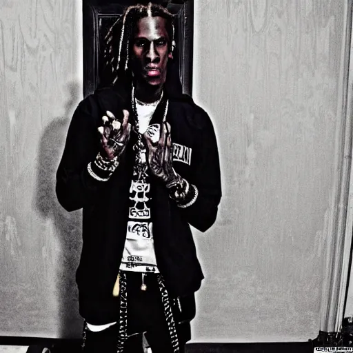 Prompt: Hyper-realistic and extremely uncanny photograph American rapper Young Thug as a creepypasta character-W 910